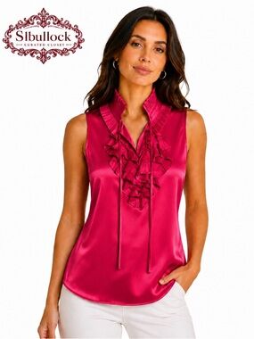 AGORA Fuchsia Satin Ruffle Blouse Medium High Neck Sleeveless Career Party Top